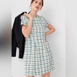 Ann Taylor Petite Plaid Tweed Flare Dress Crew Neck Short Sleeve 12P